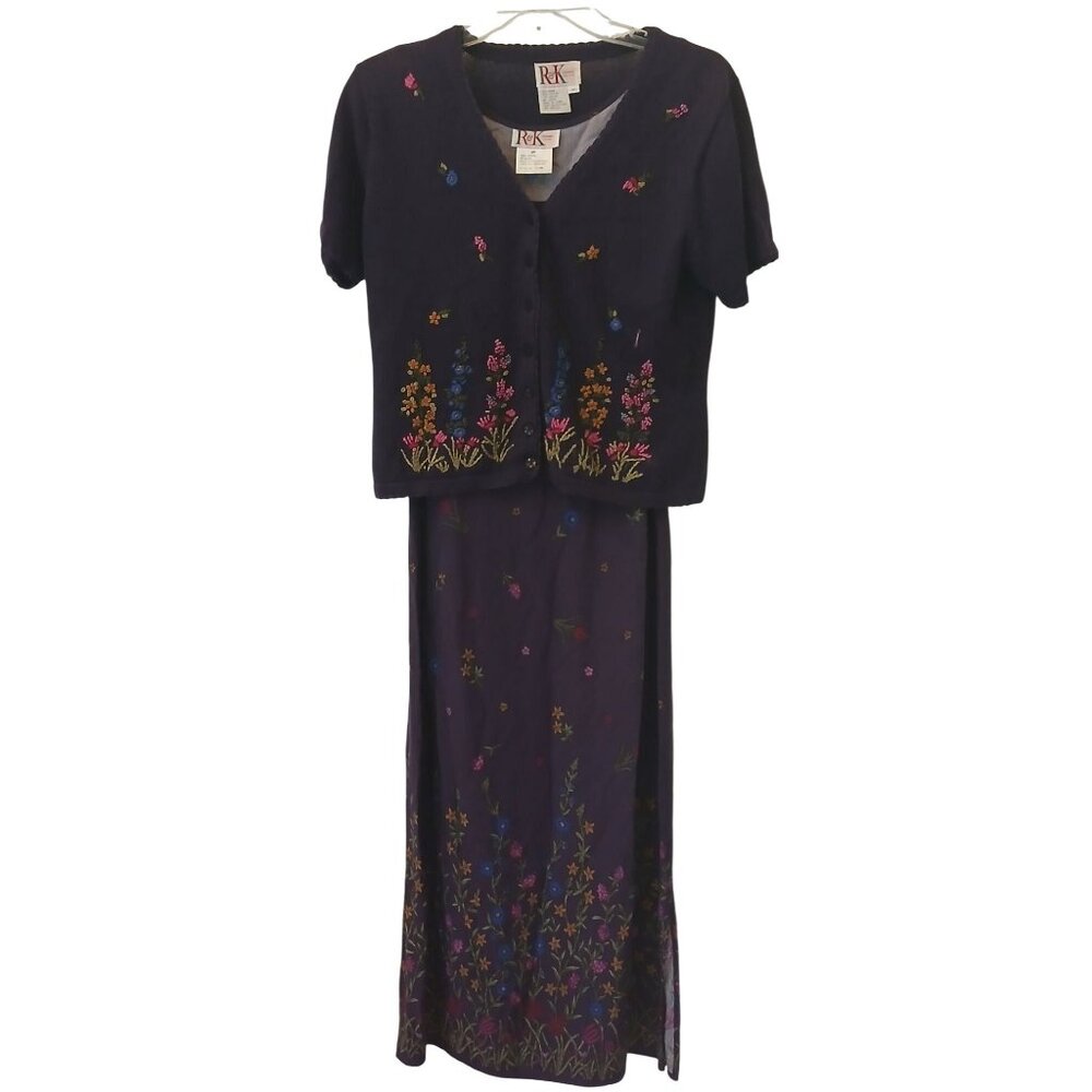 R&K Originals Petite 8P Floral Embroidered Dress & Cardigan Set VTG 1990's #I-11
